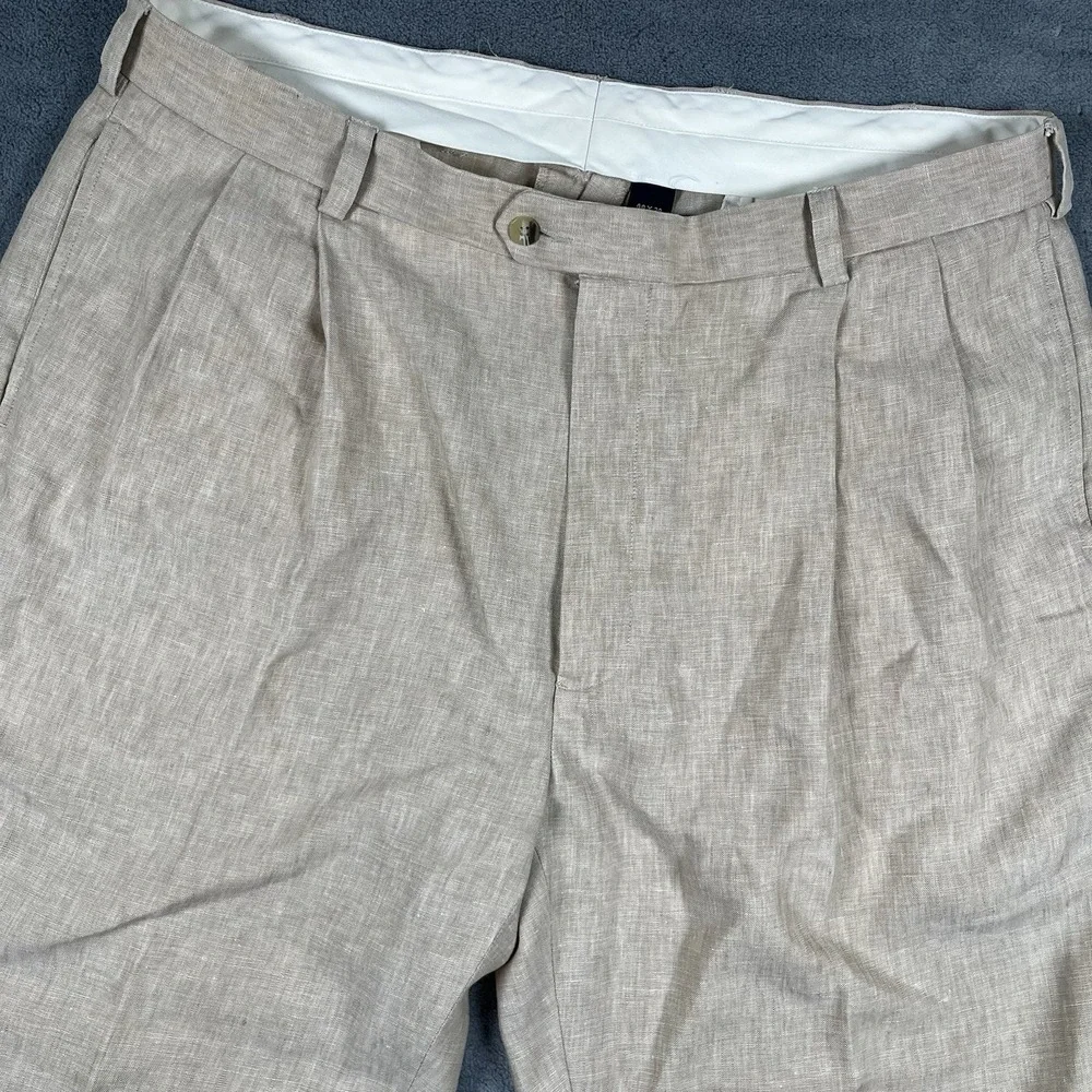Jos A Bank Travelers Pants 40x29 Beige 100% Linen Pleated Cuffed Summer Coastal